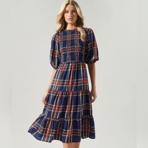 Sugar-lips Lakeview Navy Plaid Puff Sleeve Smocked Tiered Midi Dress M